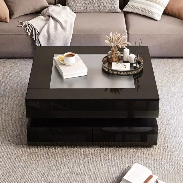 Tavolino da caff¨¨ con LED ¨C Minimal ¨C nero lucido, piano in vetro temperato, 3 cassetti, 70x70x35cm