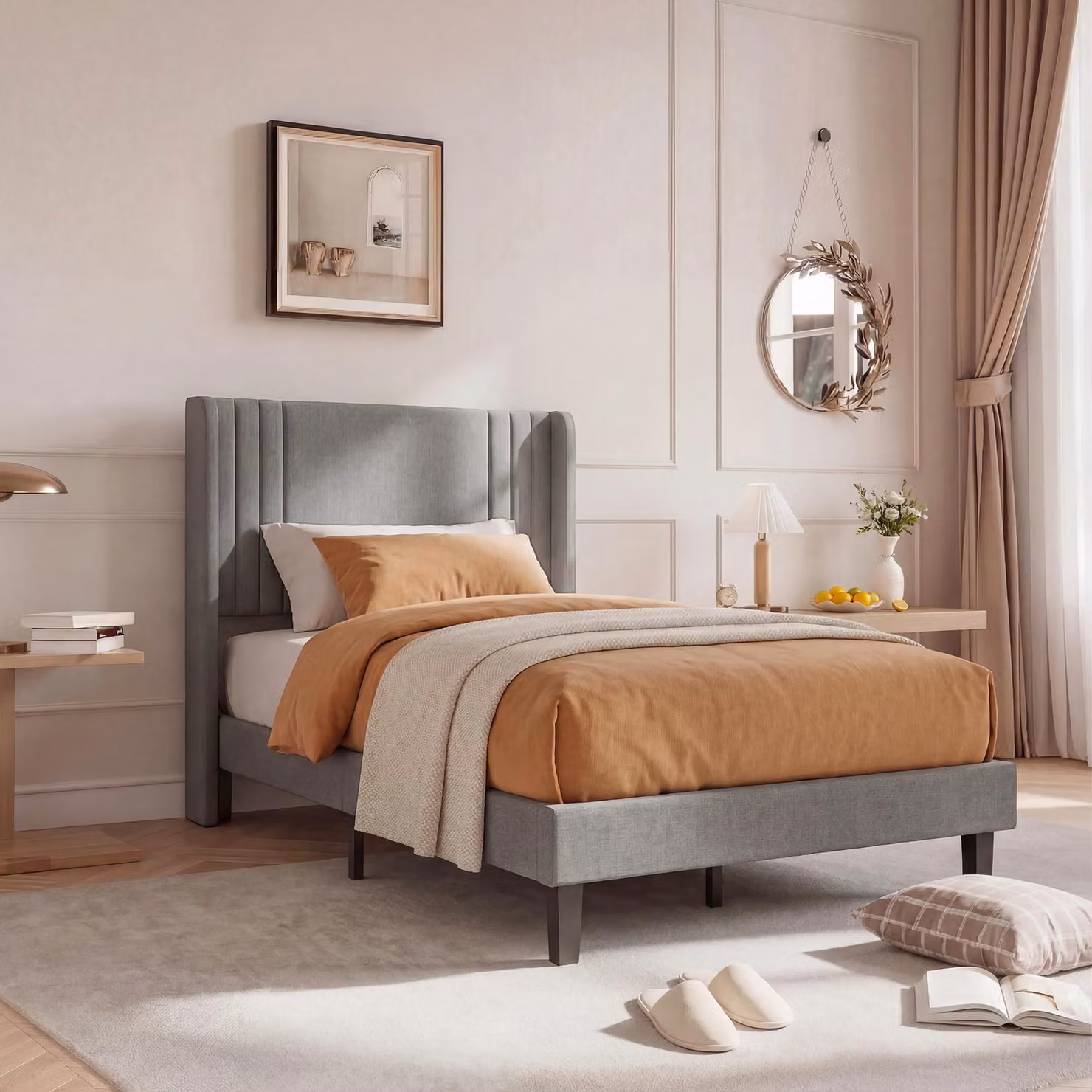 Letto singolo ProximaX 90×200 cm grigio – Letto in tessuto di lino, solida rete a doghe, 15 cm di spazio contenitivo, letto da camera da letto in stile moderno
