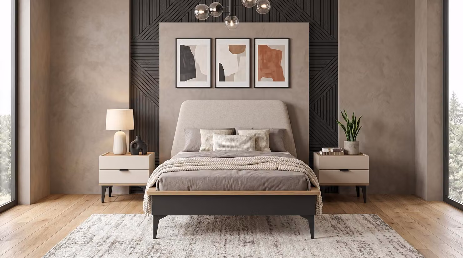 Letto per ragazzi color beige con testiera imbottita e comodini moderni