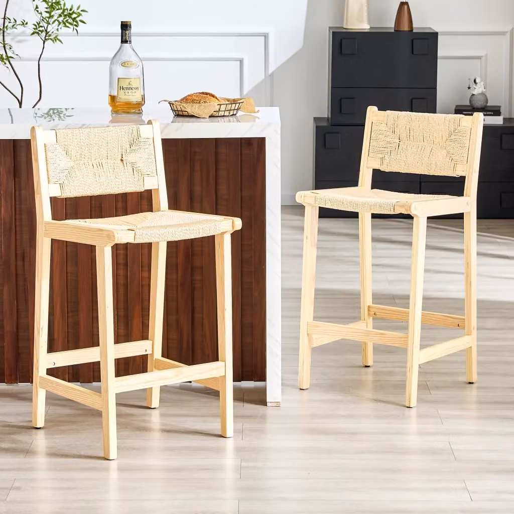 Sgabello da bar MIVRAY in legno con schienale e seduta in corda intrecciata color beige e marrone per cucina e soggiorno – 2