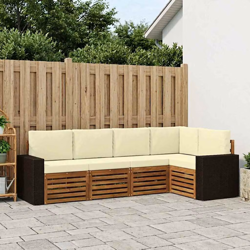 Set di divani da esterno vidaXL a forma di L composto da 5 pezzi in legno di acacia con cuscini beige e bianchi