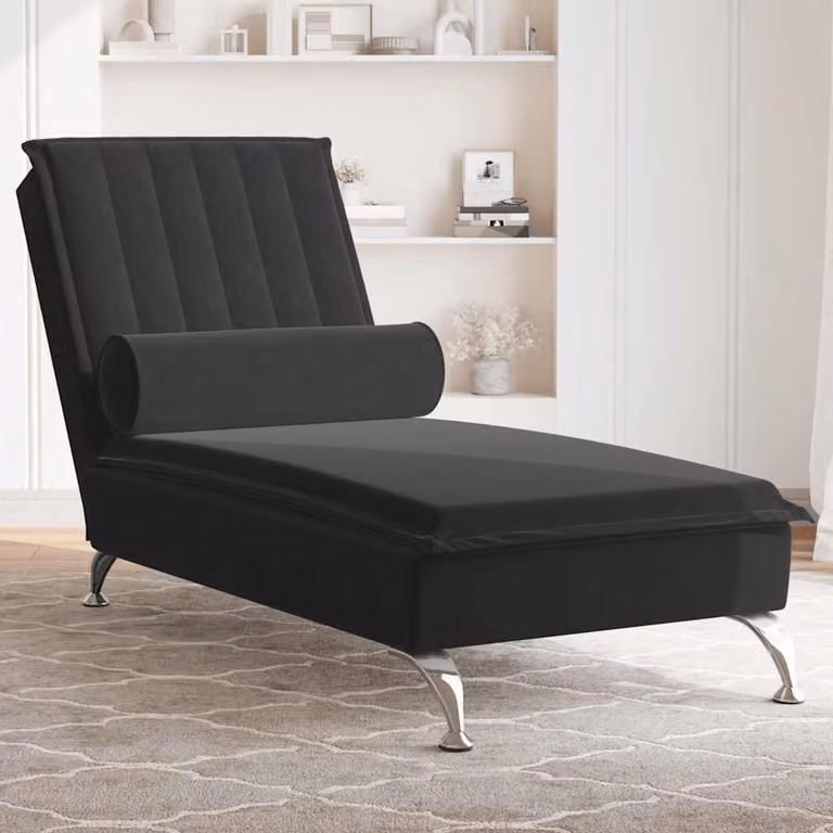 vidaXL Chaise Longue con Cuscino a Rullo in Velluto Nero e Ricarica USB