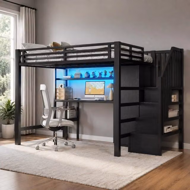 Letto a soppalco in metallo 140x200 cm con scrivania; armadio; mensola e LED; nero