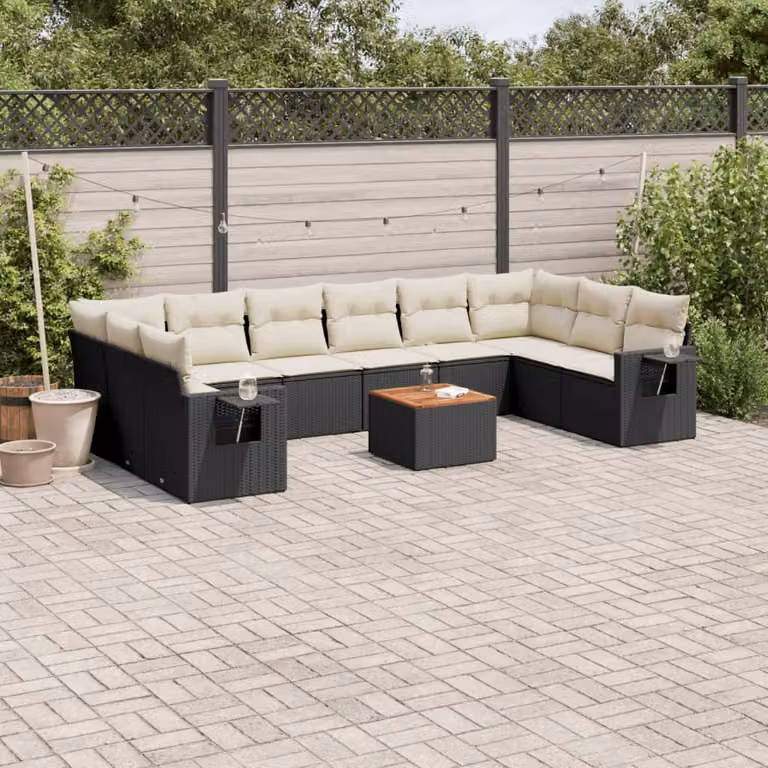 vidaXL Set Divani da Giardino a L 11 pz in Polyrattan Nero con Cuscini e Tavolino