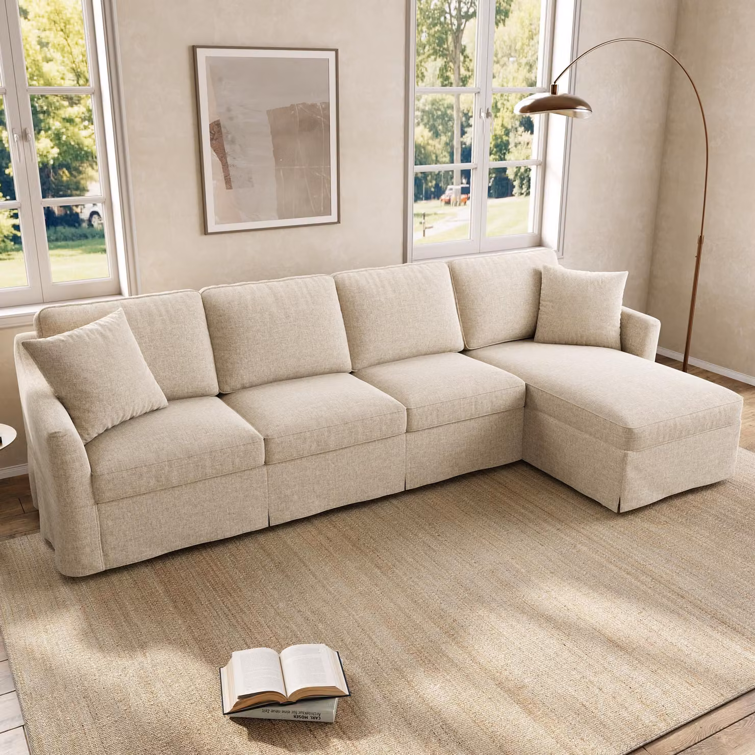 Divano okwish a 4 posti, con chaise longue e spazio contenitivo, divano angolare con rivestimenti in cotone e lino rimovibili e lavabili, divano per soggiorno, color beige