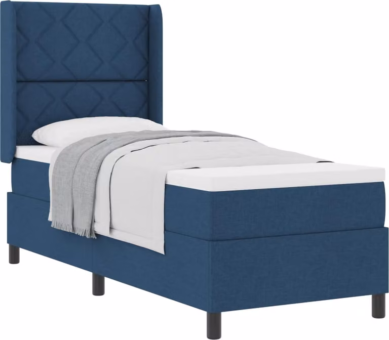 Letto a molle insacchettate con materasso e testata in tessuto blu 80 x 200 cm