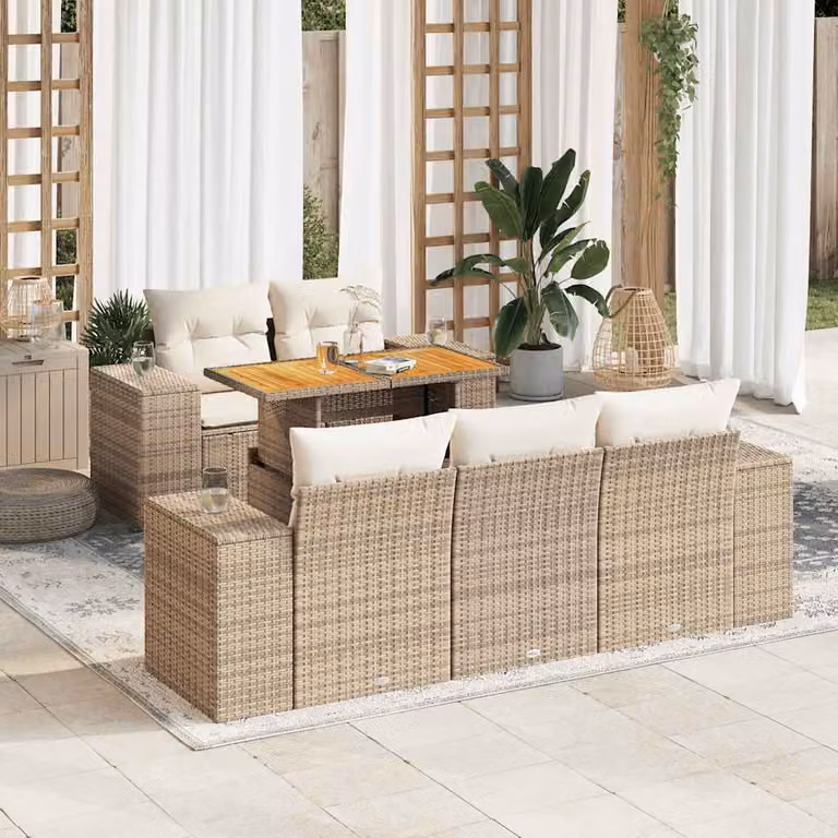 Set Divano da Giardino vidaXL 6 pz a Forma a L in Polyrattan con Cuscini Beige e Tavolino da Esterno