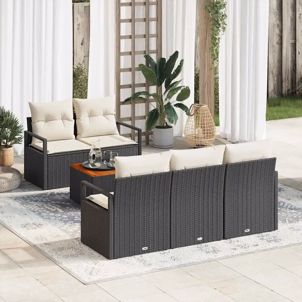 Set Divano da Giardino Moderno vidaXL in Polyrattan Nero con Cuscini e Tavolino da 6 Pezzi – 1