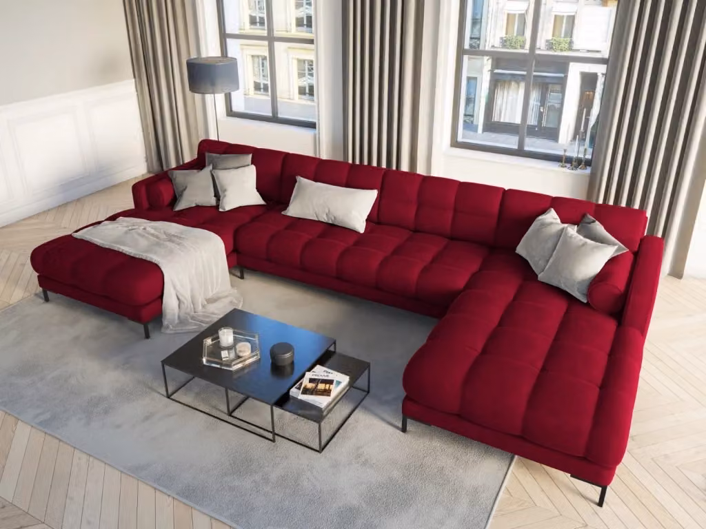 Divano panoramico Bali Cosmopolitan Design a 7 posti in velluto rosso con struttura in metallo e forma a L L: 383 cm, P: 155 cm, H: 75 cm – 2