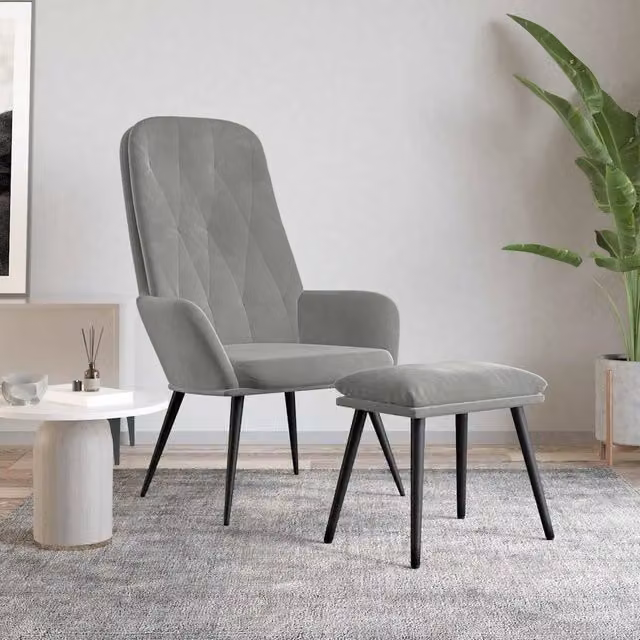 Poltrona Relax con Poggiapiedi in Velluto Grigio Chiaro e Struttura in Metallo – 1