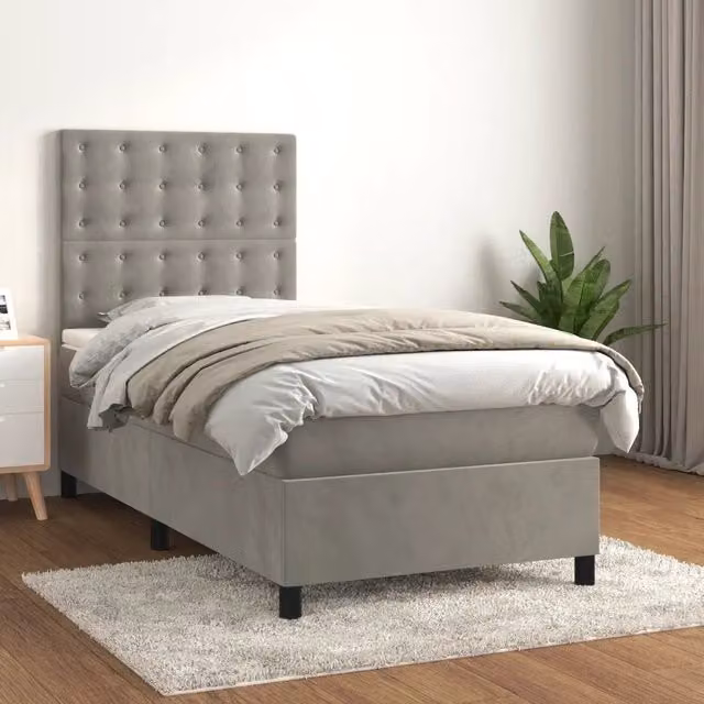 Letto con Giroletto a Molle e Materasso Ibrido vidaXL in Velluto Grigio e Bianco L/P/H: 203 x 90 x 128 cm – 1