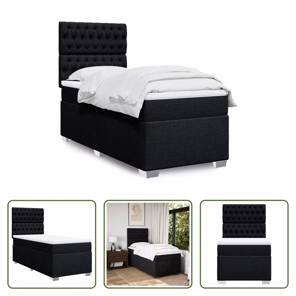 The Living Store Letto a molle con materasso nero 90x190 cm in tessuto