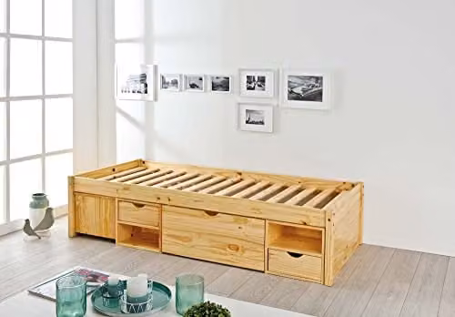 Inter Link Letto singolo Multifunzione Letto con contenitore Letto funzionale Con comodino 3 cassetti 2 nicchie Legno massiccio Con base Naturale Claas 90 x 200 cm