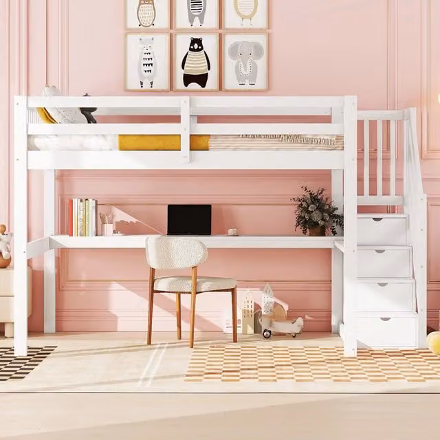 Letto a soppalco singolo moderno per bambini con scala a gradini, cassetti e scrivania, bianco, L/P/H: 200 x 140 x 253 cm