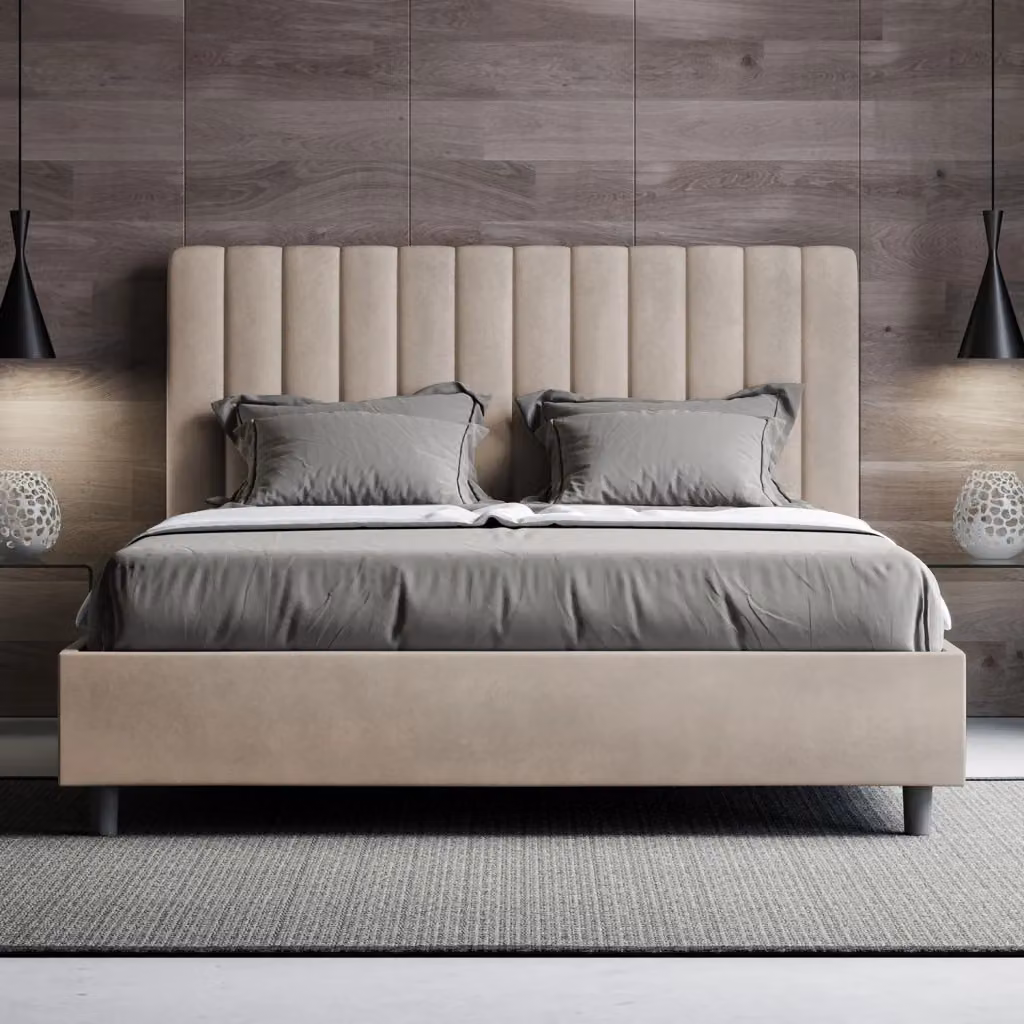 Letto Matrimoniale Agueda con Contenitore e Rete con Alzata Imbottito in Microfibra Colore Sabbia L/P/H: 160 x 190 x 122 cm – 2