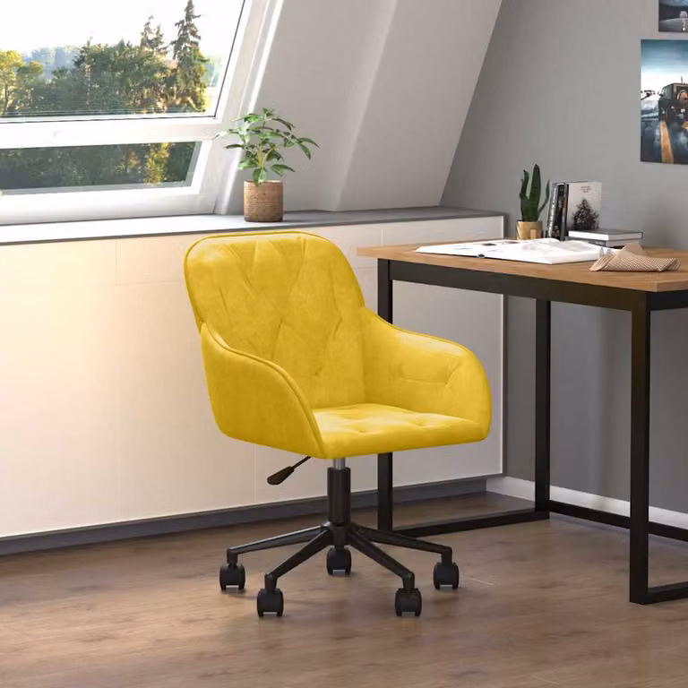 Sedia da ufficio girevole vidaXL in velluto giallo con ruote e struttura in metallo e legno