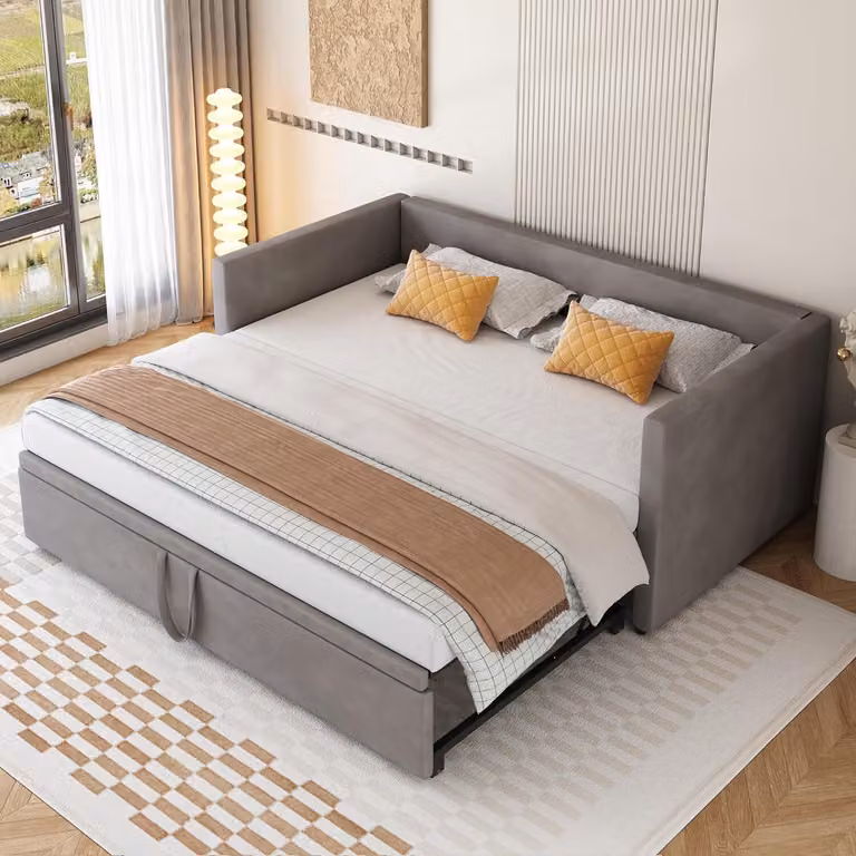 Fortuna Lai day bed 90x200cm/180x200cm letto estraibile, divano letto allungabile con rete a doghe e braccioli, letto imbottito in velluto letto per bambini divano letto, grigio