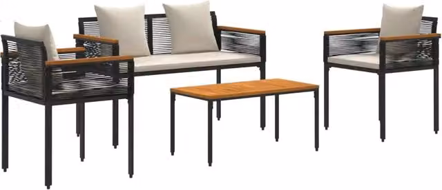 Set di mobili da esterno DESIGN IN composto da divano a 2 posti, poltrona lounge e tavolino da caffè in rattan con struttura in acciaio verniciato a polvere, colori nero e bianco con cuscini inclusi – 1