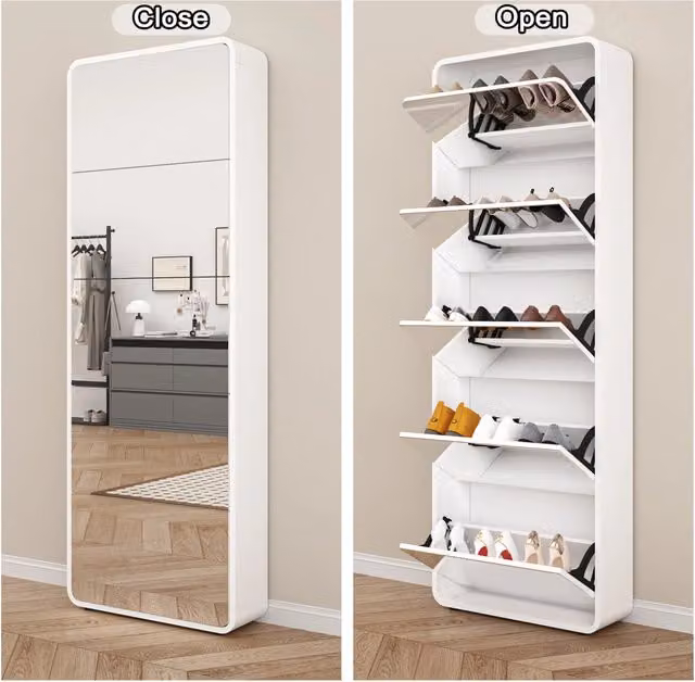 Mobile Scarpe con Specchio a Tutta Altezza, 5 Cassetti Ribaltabili, Design Curvo Bianco, Organizzatore per Ingresso