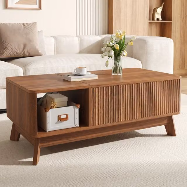 Tavolino basso alzabile Mivray con vano nascosto e ripiano laterale in MDF color noce, L: 95 cm, P: 48 cm, H: 50 cm
