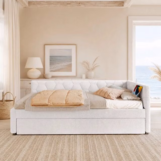 Daybett 90x200 cm con divisorio multifunzionale, struttura in MDF e velluto bianco, con lampada da comodino e porte USB/Type-C