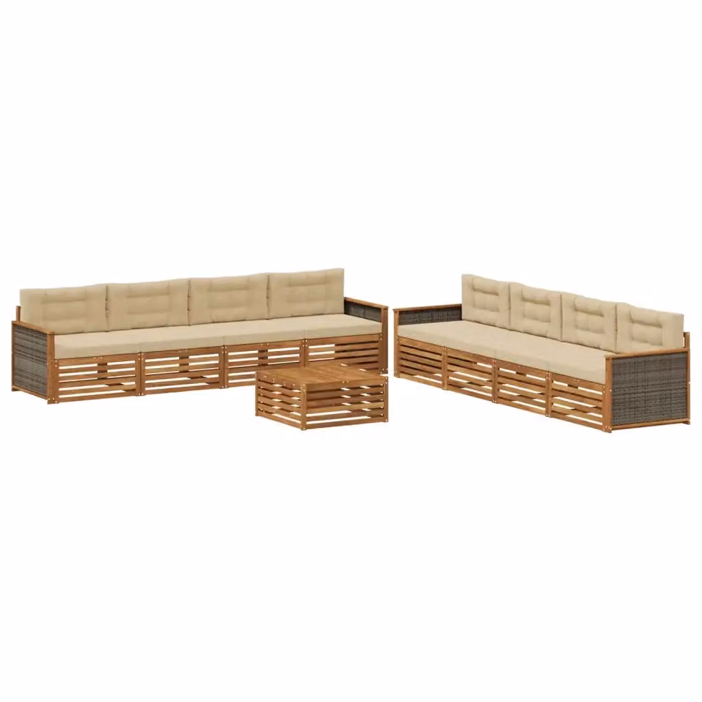 Set di divani da esterno a forma di U vidaXL in legno di acacia con tavolino e cuscini, Beige e Marrone – 2