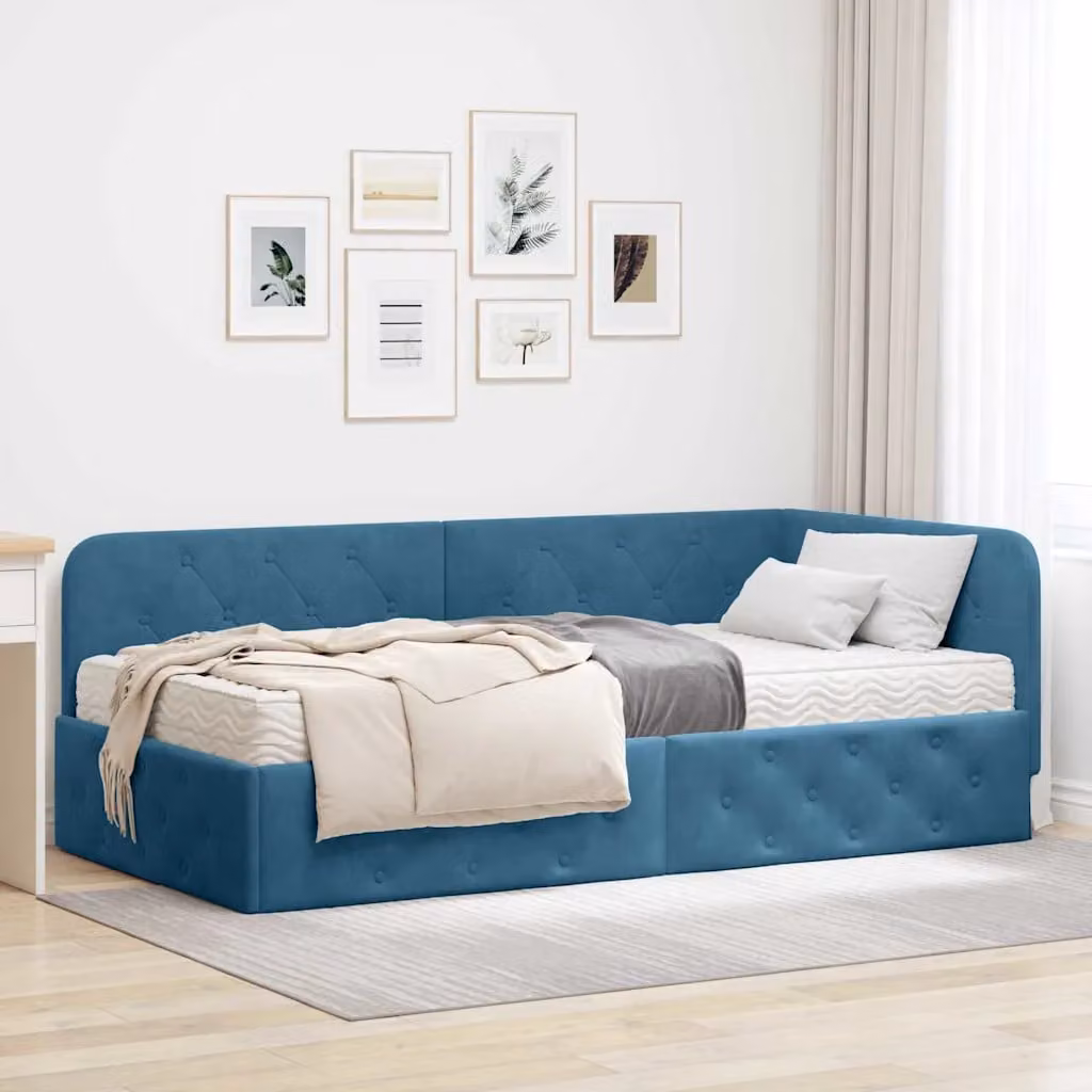 vidaXL Cornice del letto ad angolo asimmetrica in velluto blu, L/P/H: 194 x 90 x 72 cm – 1