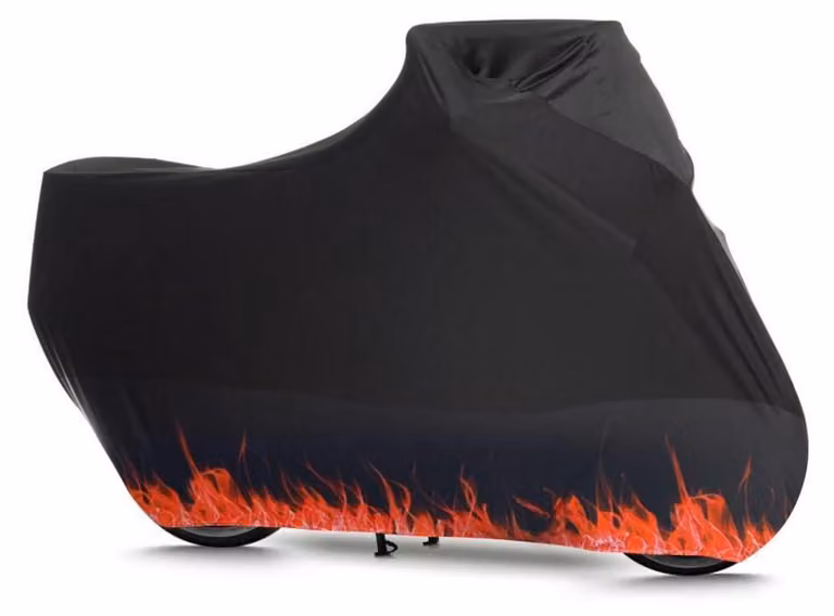 Telo protettivo per motociclette, elasticizzato, in tessuto, con protezione interna contro la polvere, motivo a fiamme arancioni, dimensioni 265 x 105 x 125 cm