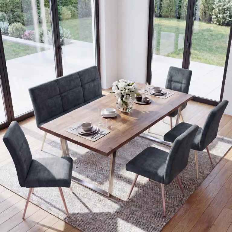 Set sala da pranzo HWC-G55, set di 4 sedie + panca 180cm, acciaio inox spazzolato tessuto/ceniglia tessile ~ blu-verde
