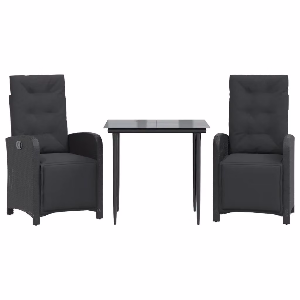 Set da Bistrò vidaXL 3 pz in Polyrattan Nero con Cuscini e Piano in Vetro per Giardino e Balcone – 2