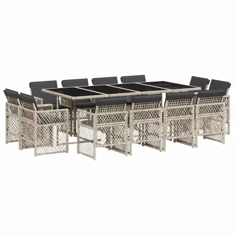 Set da Pranzo da Giardino 13pz con Cuscini Grigio in Polyrattan