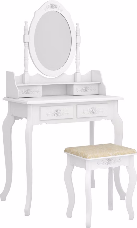 Set da trucco ALIGHTUP con specchio, 4 cassetti e sgabello, colore bianco
