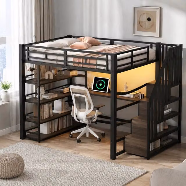 Letto a soppalco 140x200 cm in metallo nero con scrivania; scala contenitore; LED e scaffale a 4 ripiani