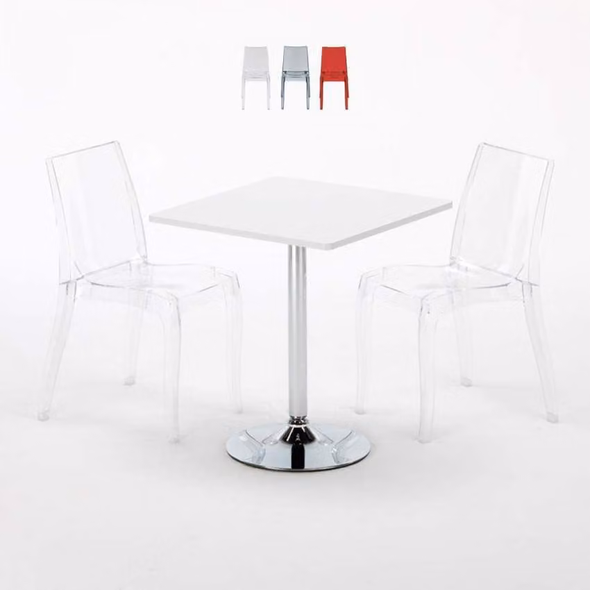 Tavolo quadrato bianco e 2 sedie colorate trasparenti Grand Soleil Cristal Light Titanium - Trasparente