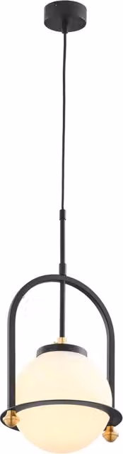Lampada a sospensione Jupiter in stile industriale con globo in vetro bianco e struttura in metallo nero, attacco E27