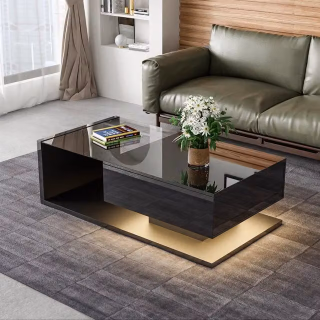 Tavolino basso OKWISH moderno in vetro nero lucido con ripiano e LED a 16 colori regolabili L: 105 cm, P: 55 cm, H: 32,5 cm