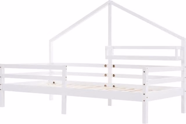 Letto per bambini a forma di casetta con mensola a camino 90x200 cm in legno di pino bianco