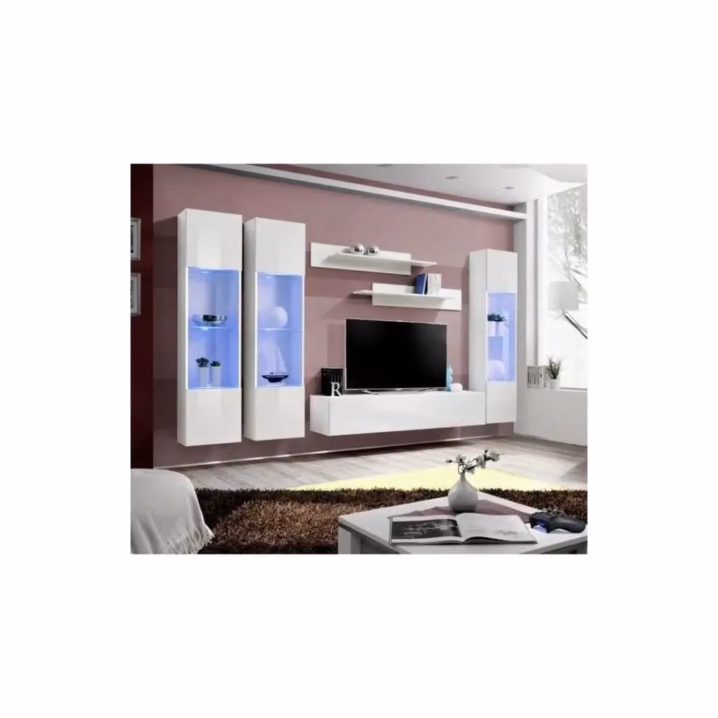 Composizione murale FLY C3 Meublorama Bianco lucido con mobile TV sospeso, colonne vetrate LED e mensole per soggiorno design moderno – 2