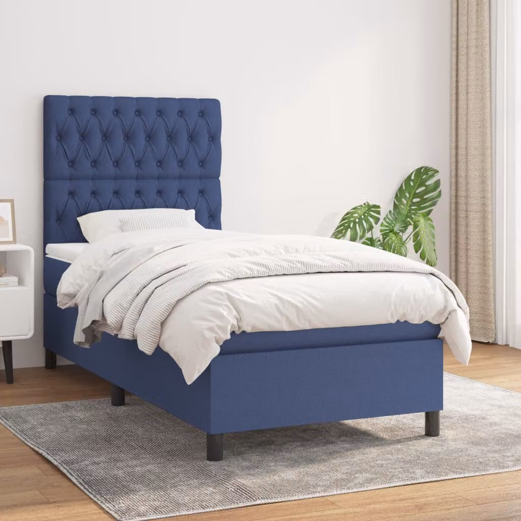 vidaXL Letto Ibrido con Giroletto a Molle e Materasso a Tasche Blu e Bianco L/P/H: 90 x 200 cm