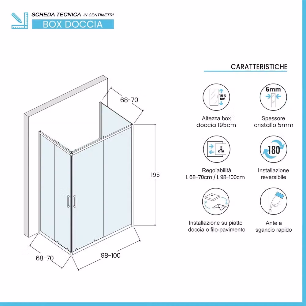 Box doccia Tay a tre lati con doppio sistema scorrevole in vetro temperato trasparente e profili neri L: 100 cm, P: 70 cm, H: 195 cm – 2