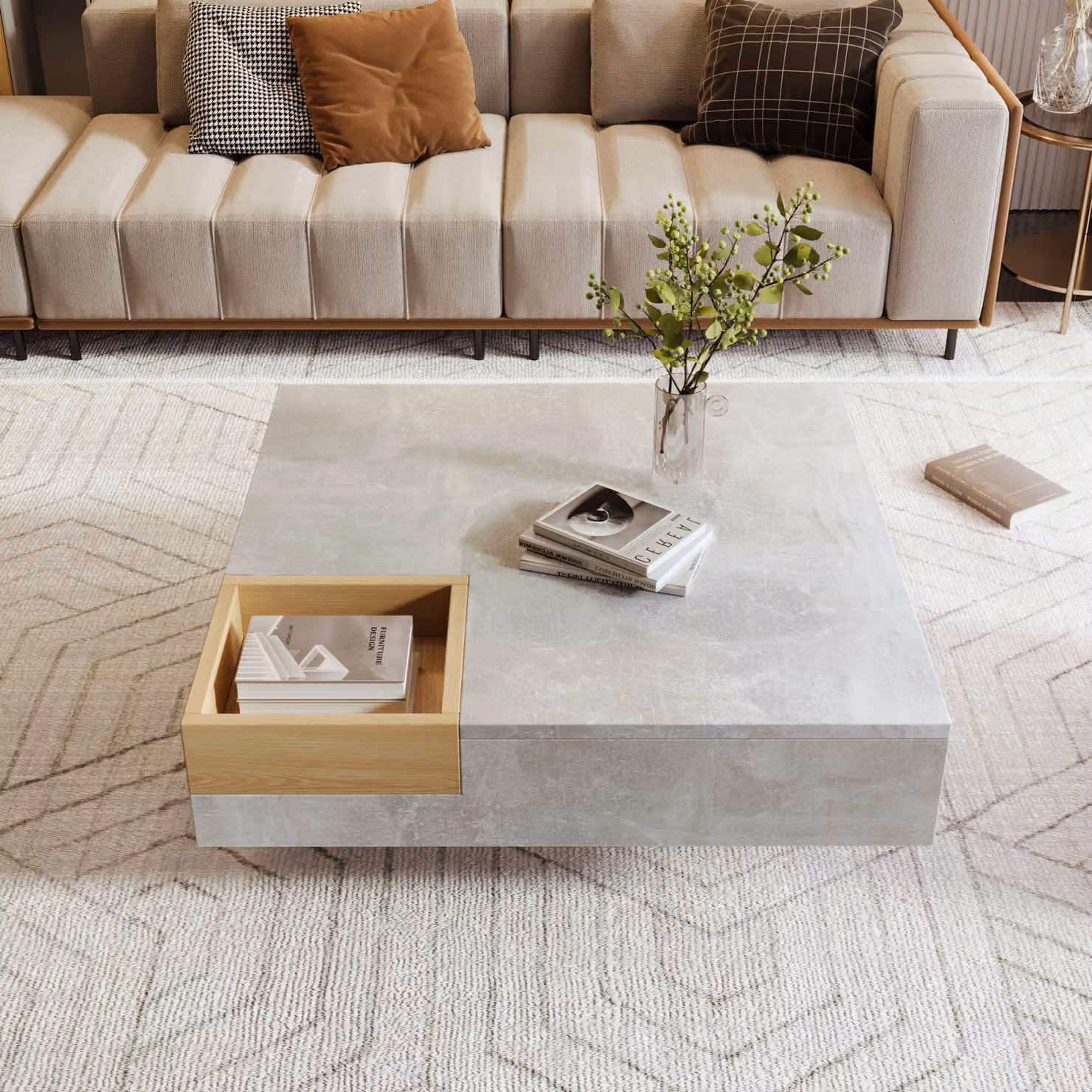 Tavolino Fortuna Lai Tavolino da salotto Tavolino con contenitore estraibile, colore grigio cemento e legno, 72*72*30 cm