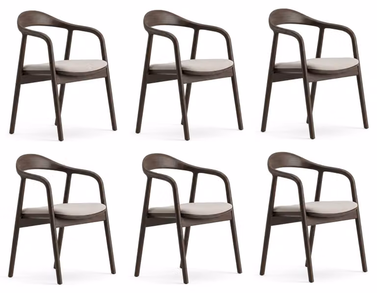 Set di 6 sedie marroni beige, con struttura in legno, design moderno, schienale e braccioli, tinta unita, confortevoli