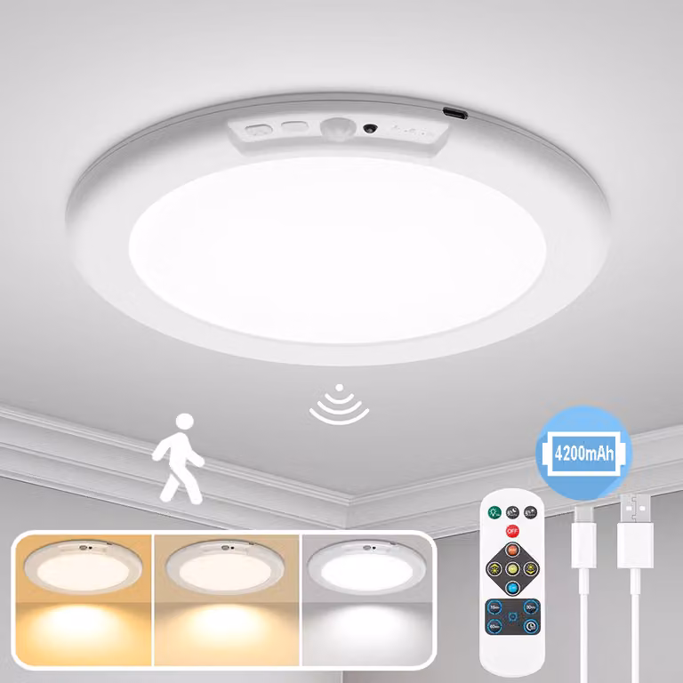 Plafoniera batteria rilevatore di movimento interno, plafoniera LED dimmerabile rotonda telecomando 3 colori luce timer camera corridoio cantina garage scale