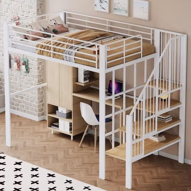 Letto a soppalco 140 × 200 cm 2 posti con scala e spazio sottostante, senza materasso, in metallo bianco