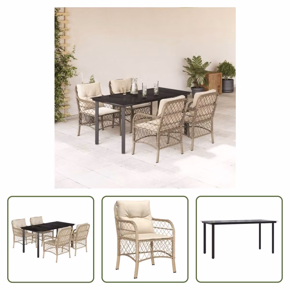 The Living Store Set da pranzo da giardino 5 pezzi con cuscini Beige poly rattan