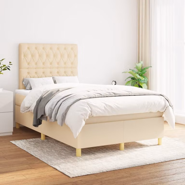 Letto Ibrido vidaXL con Giroletto a Molle e Materasso a Tasche in Tessuto Beige e Bianco L/P: 120 x 200 cm