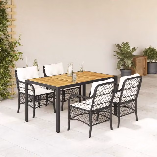 Set da Pranzo da Giardino 5 pz Nero con Cuscini in Polyrattan 3212038