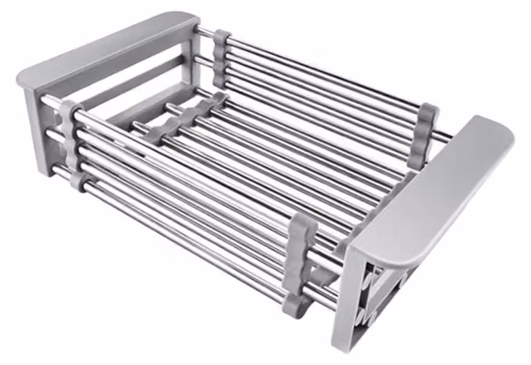 Omgoods - Portaoggetti espandibile - Portaoggetti da cucina in acciaio inossidabile - Telescopico - Flessibile - Resistente - Adatto per frutta e verdura - Porta stoviglie