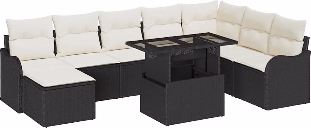 Set Divano da Giardino con cuscino 9 pcs Nero Poly Rattan