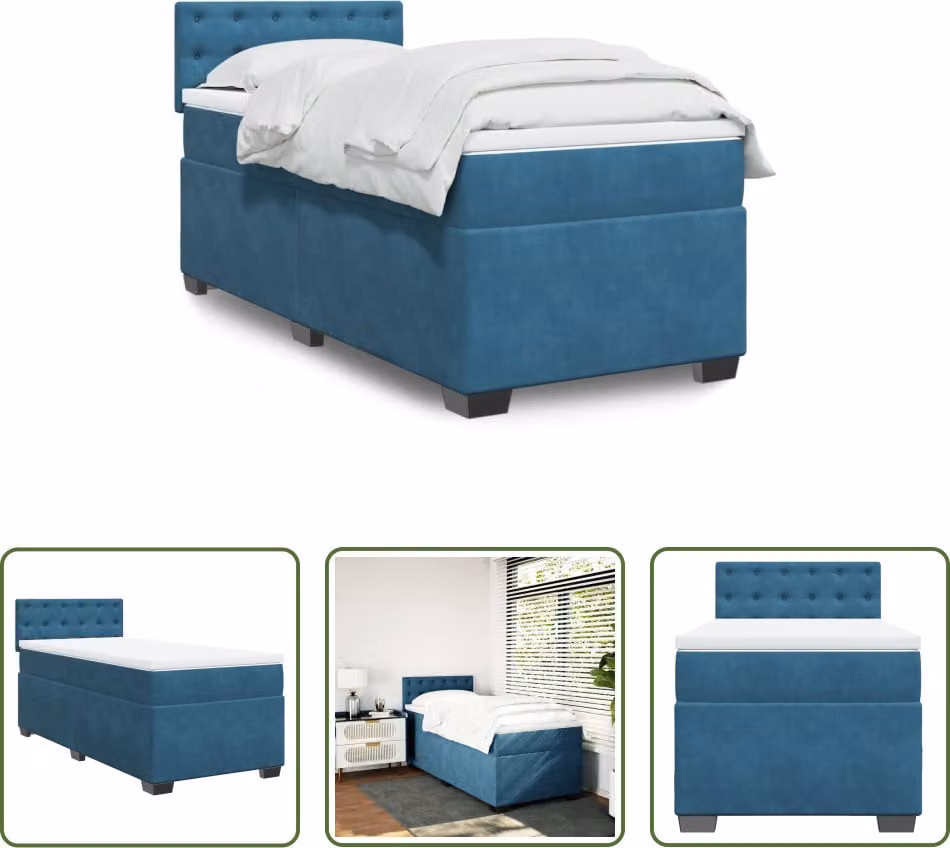The Living Store Letto a molle con materasso blu scuro 80x200 cm in velluto
